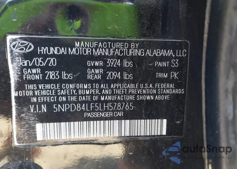 2020 Hyundai Elantra Sel z USA, uszkodzony, nr VIN 5NPD84LF5LH578765